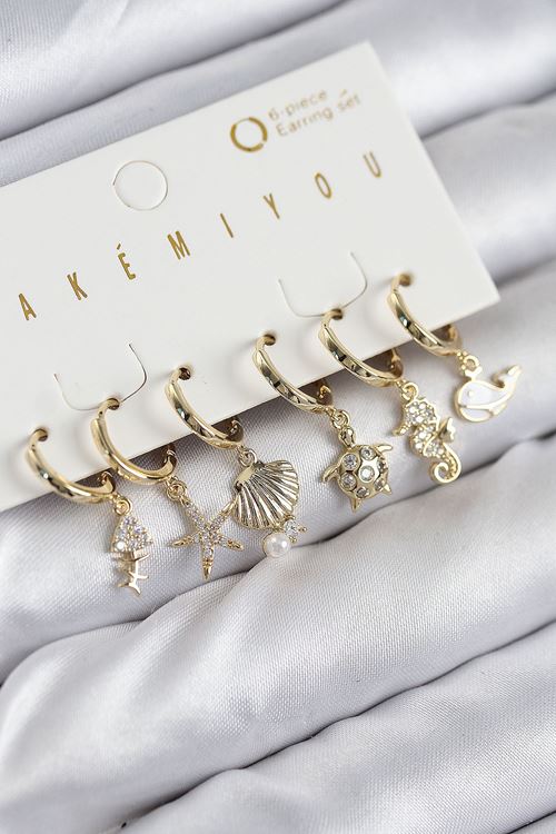 YRTCL Pirinç Zirkon Taşlı İstiridye Balina Ve Yıldız Gold Renk 6'lı Küpe Set