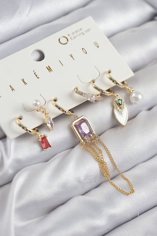 YRTCL Pirinç Zirkon Taşlı Sallantılı Ve İncili Gold Renk 6'lı Küpe Set