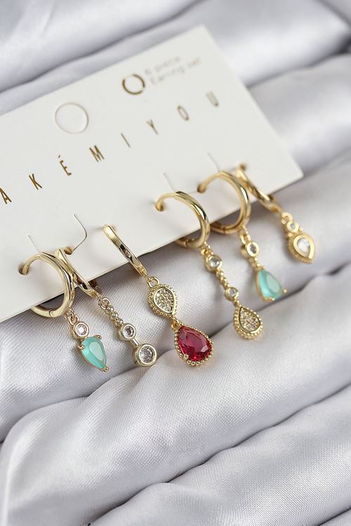 YRTCL Pirinç Zirkon Taşlı Sallantılı Model Gold Renk 6'lı Küpe Set