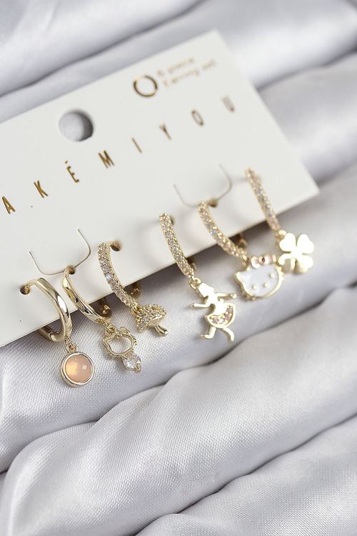 YRTCL Pirinç Zirkon Taşlı Hello Kity Ve Yonca Model Gold Renk 6'lı Küpe Set