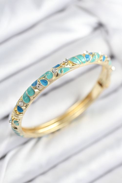 YRTCL Mineli Pirinç Zirkon Taşlı Turkuaz Mavi Çiçek Motifli Gold Kadın Kelepçe