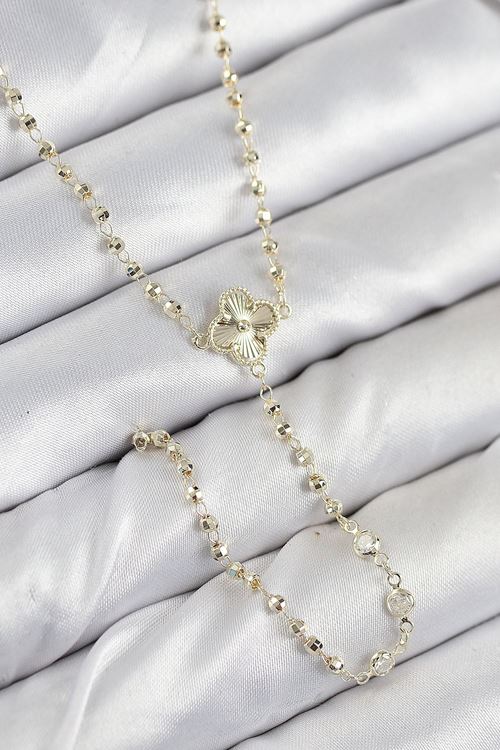 YRTCL Pirinç Zirkon Taşlı Yonca Model Gold Renk Kadın Y Kolye