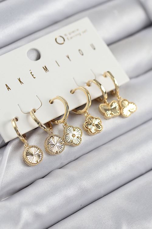 YRTCL Pirinç Zirkon Taşlı Yonca Model Gold Renk 6'lı Küpe Set