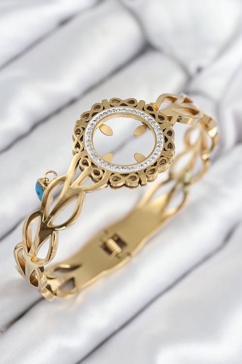 YRTCL 316L Çelik Zirkon Taşlı Çeyrek Takılabilir Gold Renk Kelepçe