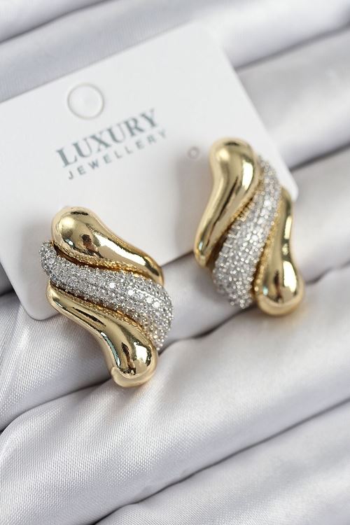 YRTCL Pirinç Zirkon Taşlı Kıvrım Model Gold Renk Kadın Küpe