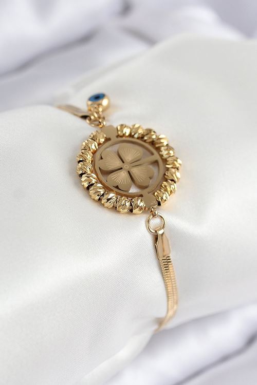 YRTCL 316L Çelik Nazar Boncuk Detaylı Yonca Model İtalyan Zincir Gold Renk Kadın Bileklik