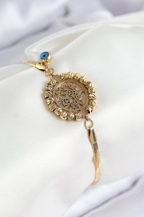 YRTCL 316L Çelik Nazar Boncuk Detaylı Hayat Ağacı Model İtalyan Zincir Gold Renk Kadın Bileklik