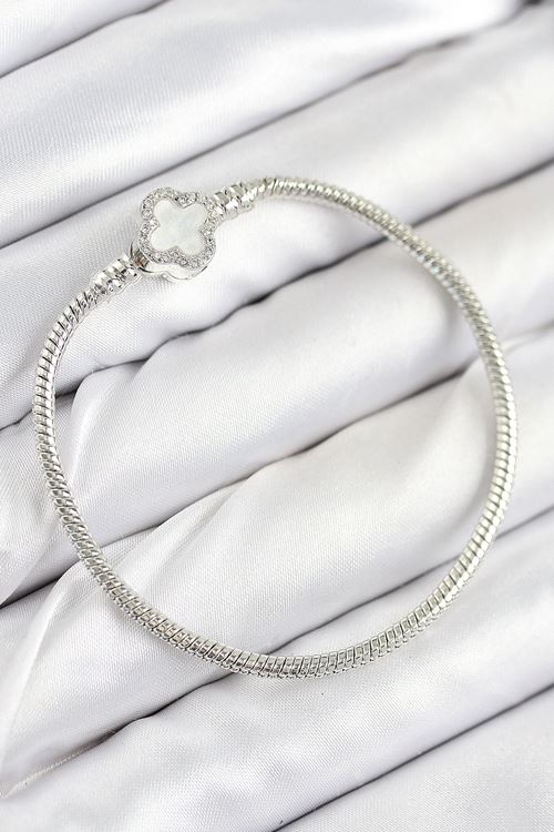 YRTCL Pirinç Charm Zirkon Taşlı Yonca Model Gümüş Renk Kadın Bileklik