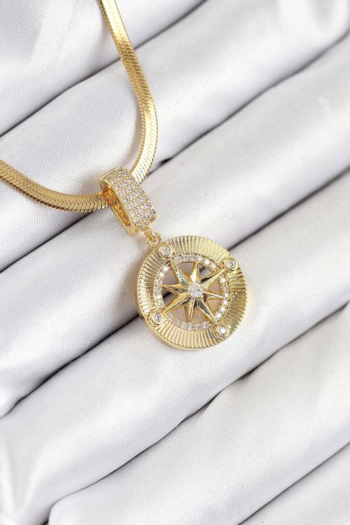 YRTCL 316L Çelik Zirkon Taşlı Pusula Model Gold Renk Kadın Kolye