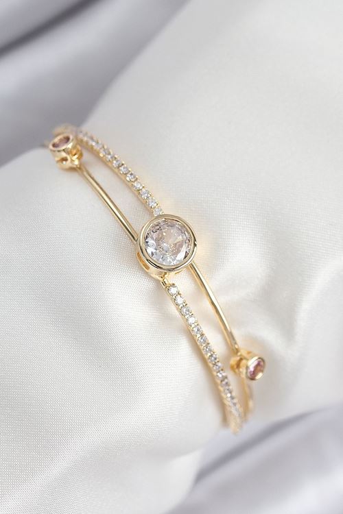 YRTCL Pirinç Zirkon Taşlı Pırlanta Model Gold Renk Kadın Bileklik