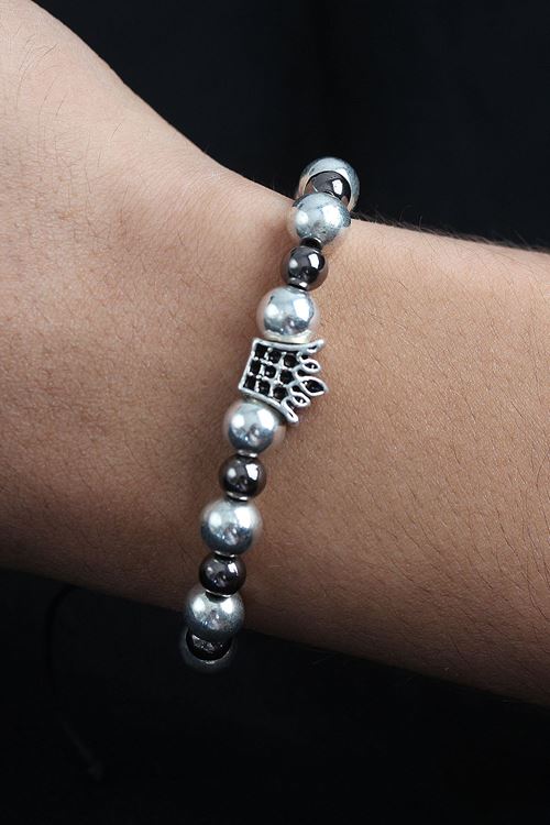 YRTCL Doğal Taş Kral Tacı Model Gümüş Ve Füme Renk Asansörlü Erkek Bileklik