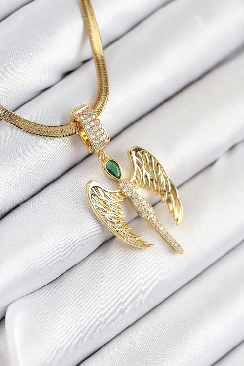 YRTCL 316L Çelik Zirkon Taşlı Melek Model Gold Renk Kadın Kolye