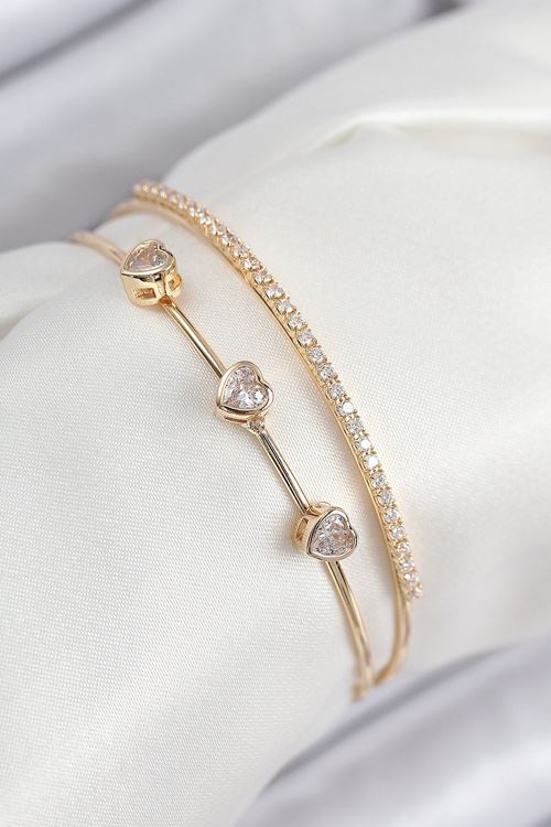 YRTCL Pirinç Zirkon Taşlı Kalp Model Gold Renk Kadın Bileklik