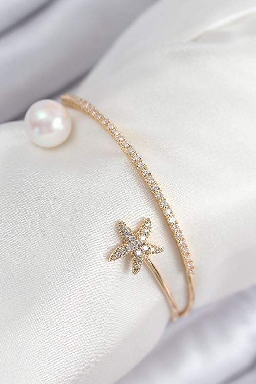 YRTCL Pirinç Zirkon Taşlı Yıldız Ve İnci Model Gold Renk Kadın Bileklik