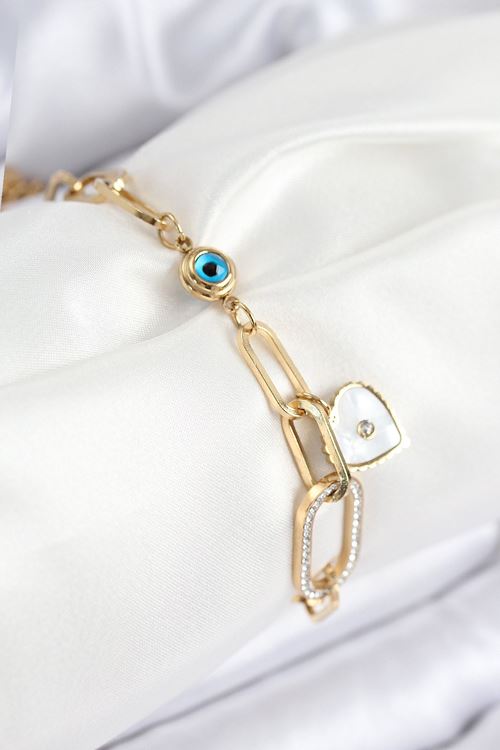 YRTCL 316L Çelik Nazar Boncuğu Ve Zirkon Taşlı Kalp Model Gold Renk Kadın Bileklik