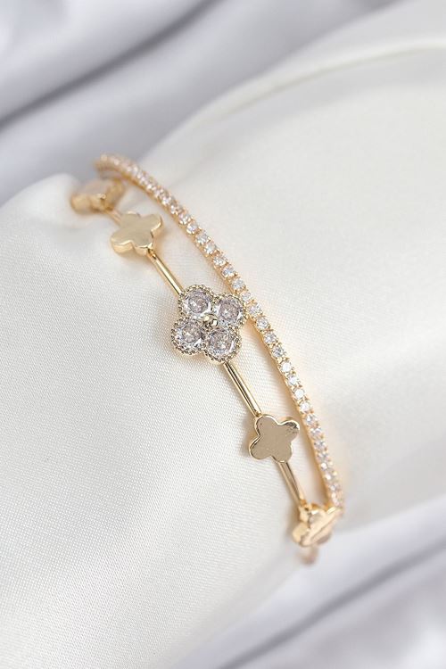 YRTCL Pirinç Zirkon Taşlı Yonca Model Gold Renk Kadın Bileklik