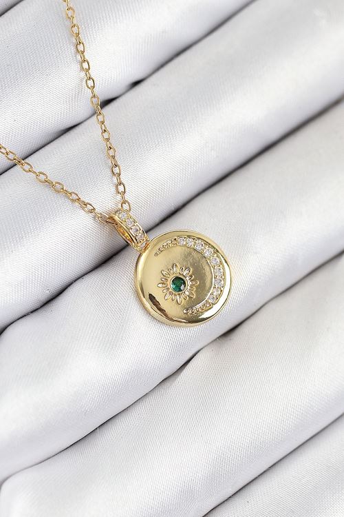 YRTCL 316L Çelik Zirkon Taşlı Ay Ve Güneş Model Gold Renk Kadın Kolye