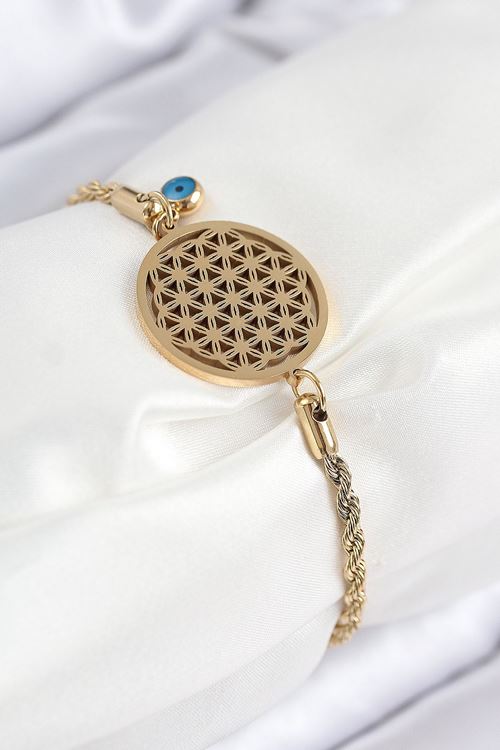 YRTCL 316L Çelik Nazar Boncuğu Detaylı Yaşam Çiçeği Model Gold Renk Kadın Bileklik
