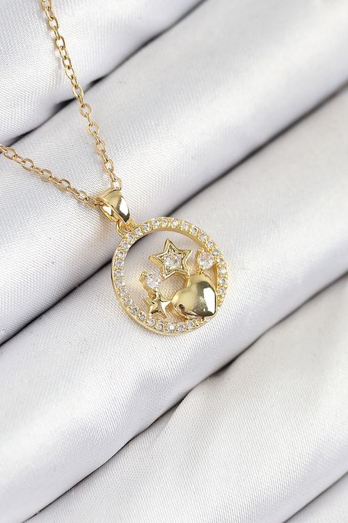 YRTCL 316L Çelik Zirkon Taşlı Yıldız Ve Kalp Model Gold Renk Kadın Kolye