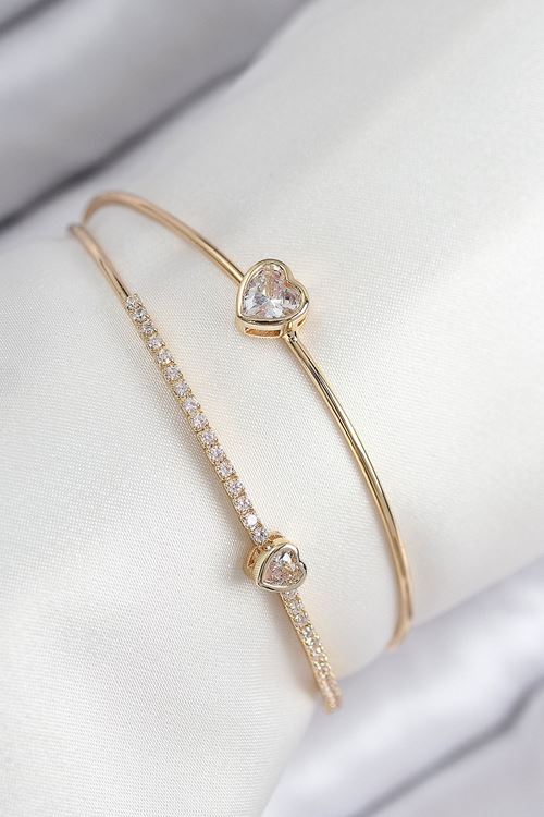 YRTCL Pirinç Zirkon Taşlı Kalp Model Gold Renk Kadın Bileklik