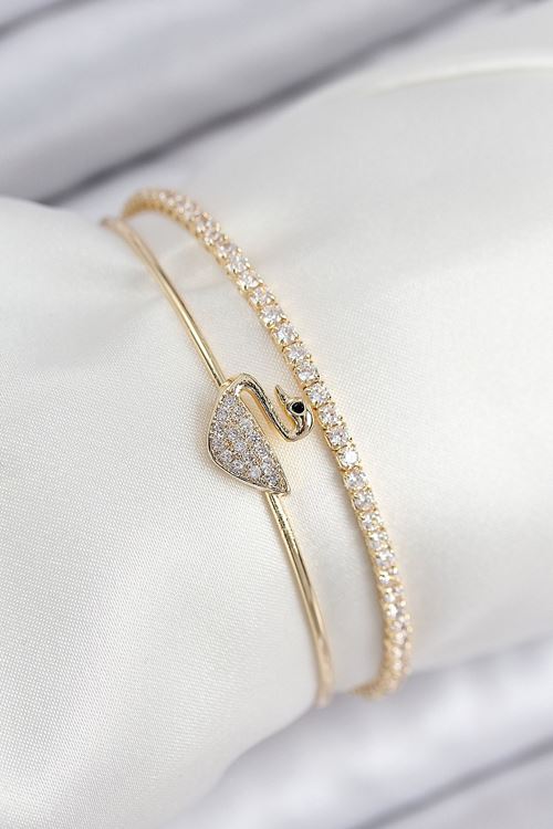 YRTCL Pirinç Zirkon Taşlı Kuğu Model Gold Renk Kadın Bileklik