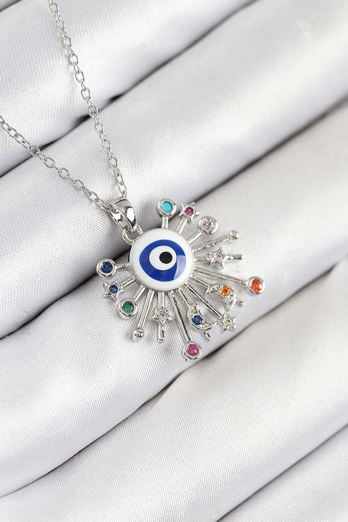 YRTCL 316L Çelik Zirkon Taşlı Nazar Model Gümüş Renk Kadın Kolye