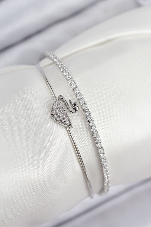 YRTCL Pirinç Zirkon Taşlı Kuğu Model Gümüş Renk Kadın Bileklik