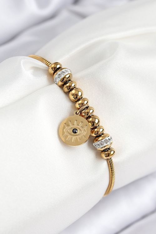 YRTCL 316L Çelik Zirkon Taşlı Göz Charm Model Gold Renk Kadın Bileklik