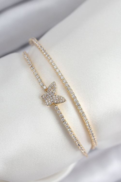 YRTCL Pirinç Zirkon Taşlı Kelebek Model Gold Renk Kadın Bileklik