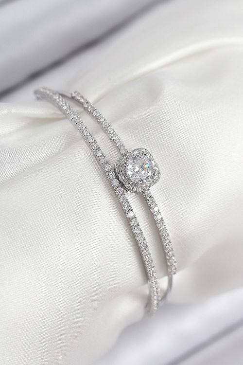 YRTCL Pirinç Zirkon Taşlı Baget Model Gümüş Renk Kadın Bileklik