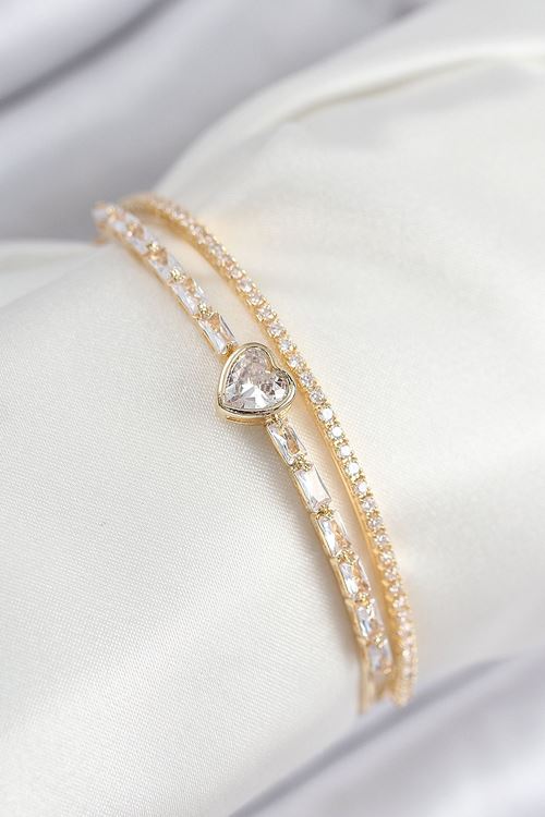 YRTCL Pirinç Zirkon Taşlı Kalp Model Gold Renk Kadın Bileklik