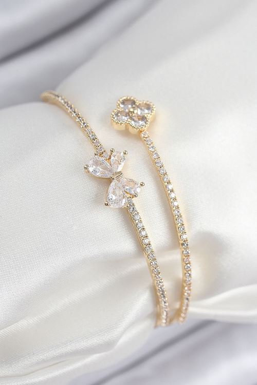 YRTCL Pirinç Zirkon Taşlı Fiyonk Ve Yonca Model Gold Renk Kadın Bileklik