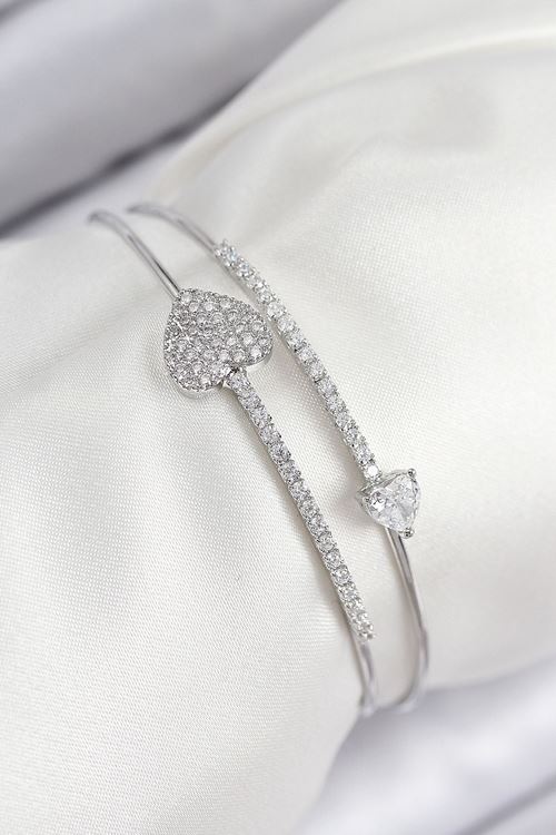 YRTCL Pirinç Zirkon Taşlı Kalp Model Gümüş Renk Kadın Bileklik