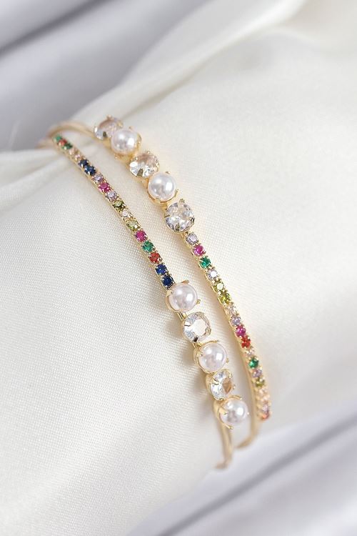 YRTCL Pirinç Zirkon Taşlı İnci Model Gold Renk Kadın Bileklik