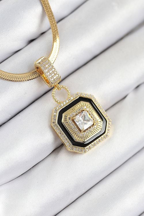 YRTCL 316L Çelik Zirkon Taşlı Siyah Detaylı Baget Model Gold Renk Kadın Kolye