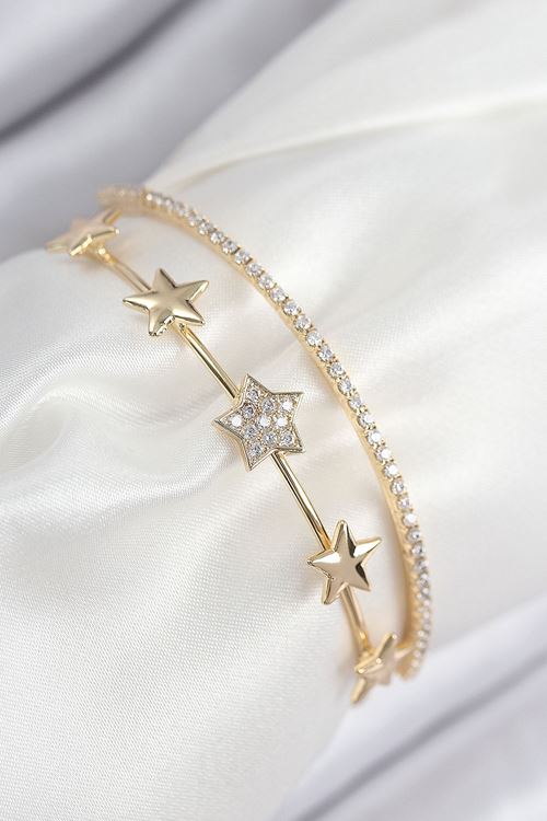 YRTCL Pirinç Zirkon Taşlı Yıldız Model Gold Renk Kadın Bileklik