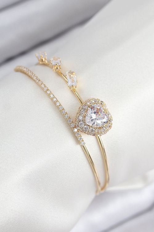 YRTCL Pirinç Zirkon Taşlı Kalp Model Gold Renk Kadın Bileklik