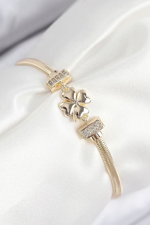 YRTCL Pirinç Zirkon Taşlı Yonca Model Gold Renk Kadın Bileklik