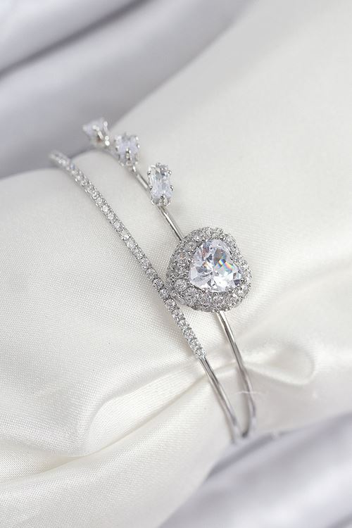 YRTCL Pirinç Zirkon Taşlı Kalp Model Gümüş Renk Kadın Bileklik