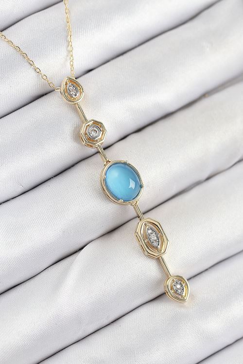 YRTCL Pirinç Zincir Mavi Gold Renk Zirkon Taşlı Y Kolye