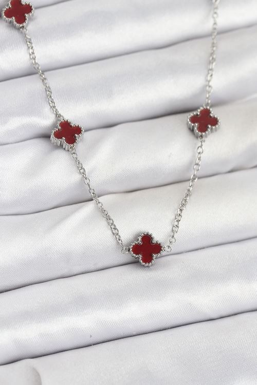 YRTCL 316L Çelik Zincir Gümüş Renk Bordo Baby Boy Yonca Kadın Kolye