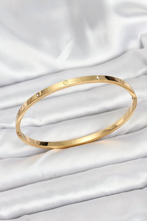 YRTCL 316L Çelik Gold Renk Zirkon Taşlı 65 mm İnce Kadın Kelepçe Bileklik