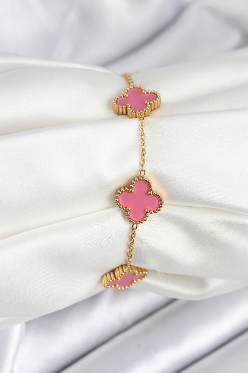 YRTCL 316L Çelik Gold Zincir Pembe Yonca Renk Bileklik