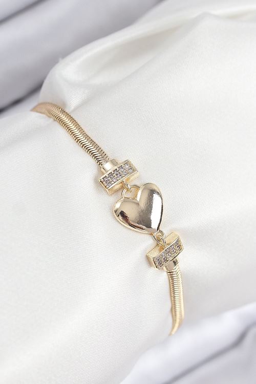 YRTCL Pirinç Zirkon Taşlı Kalp Model Gold Renk Kadın Bileklik