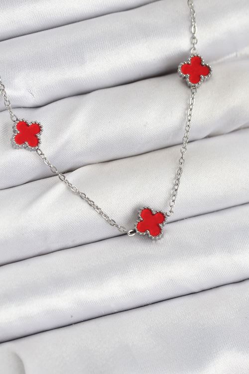 YRTCL 316L Çelik Zincir Gümüş Renk Kırmızı Baby Boy Yonca Kadın Kolye