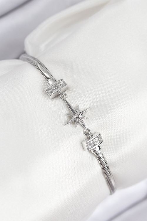 YRTCL Pirinç Zirkon Taşlı Kutup Yıldızı Model Gümüş Renk Kadın Bileklik
