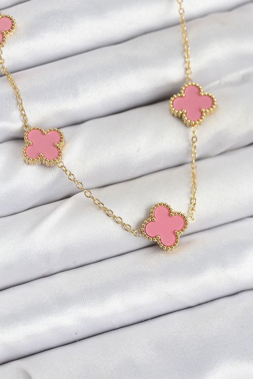 YRTCL 316L Çelik Zincir Gold Pembe Renk Yonca Kadın Kolye