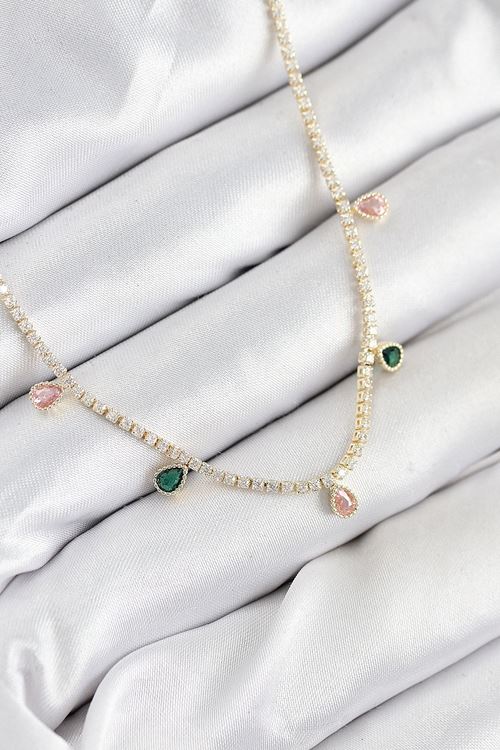 YRTCL Pirinç Zirkon Taşlı Su Yolu Damla Model Gold Renk Kadın Kolye