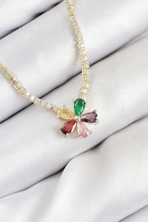 YRTCL Pirinç Zirkon Taşlı Su Yolu Asorti Çiçek Model Gold Renk Kadın Kolye