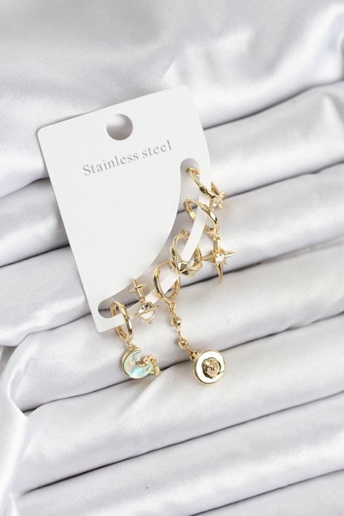 YRTCL Pirinç Gold Renk Ay Model Kadın Set Küpe